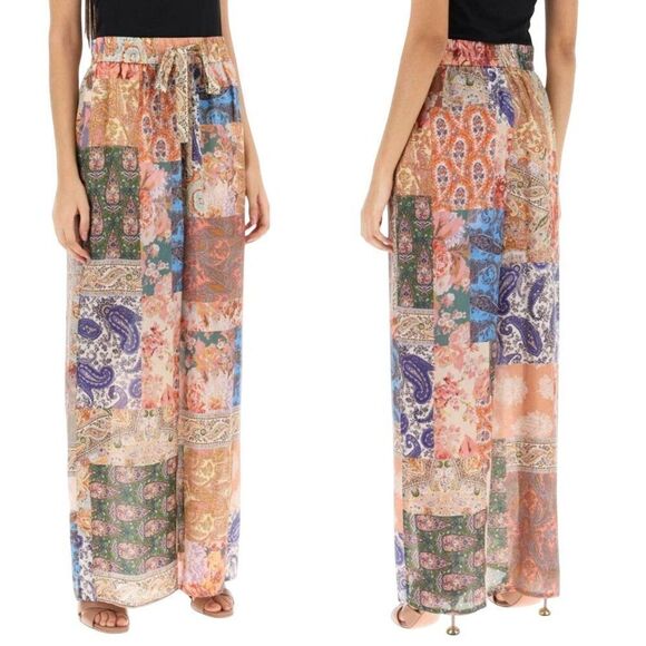Rachel Zoe Womens Linen Multicolor Paisley Patchwork Wide-Leg Pants Sz L Boho - Picture 1 of 14